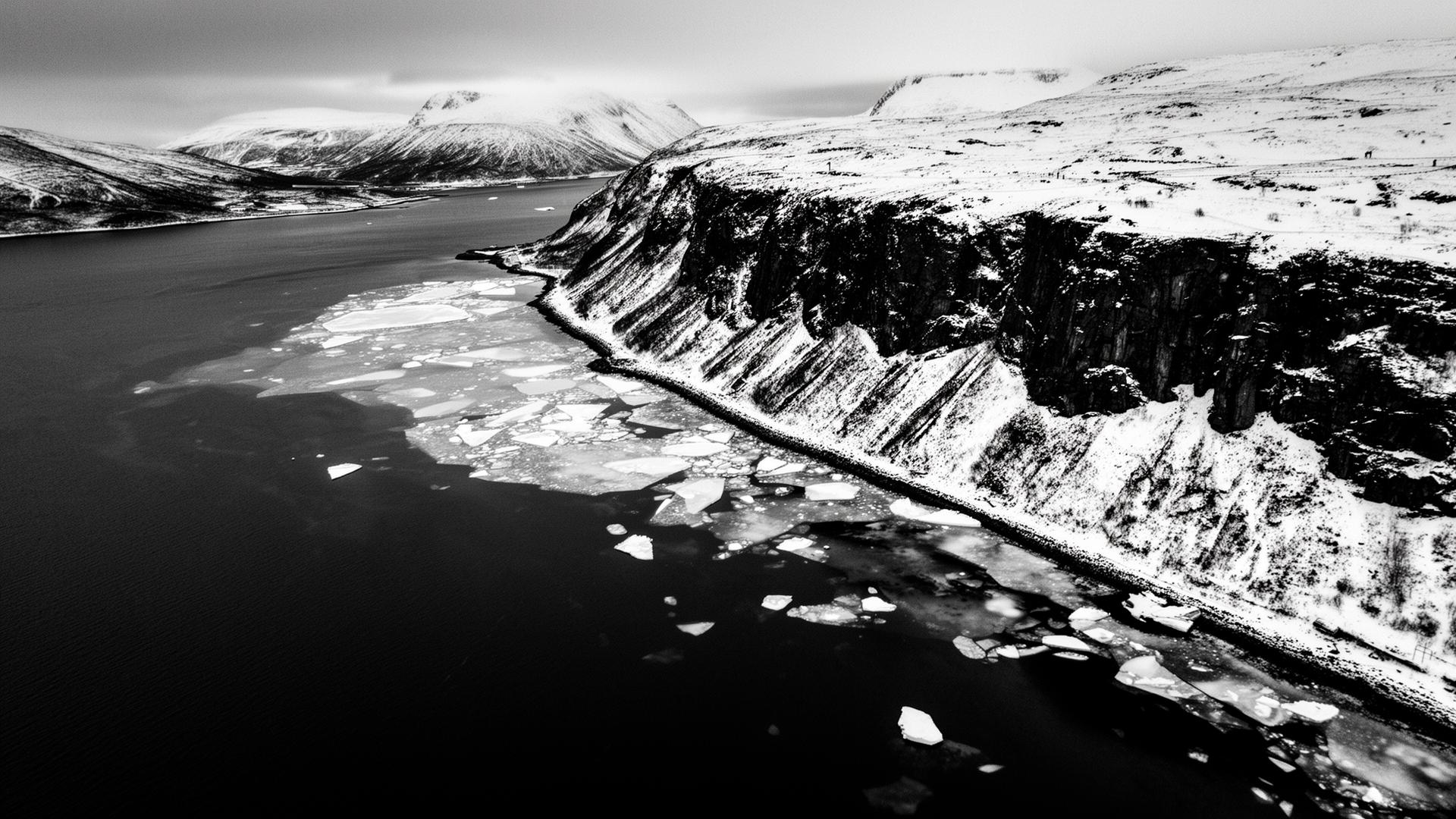 Aerial view of Nordic fjord coastline in winter